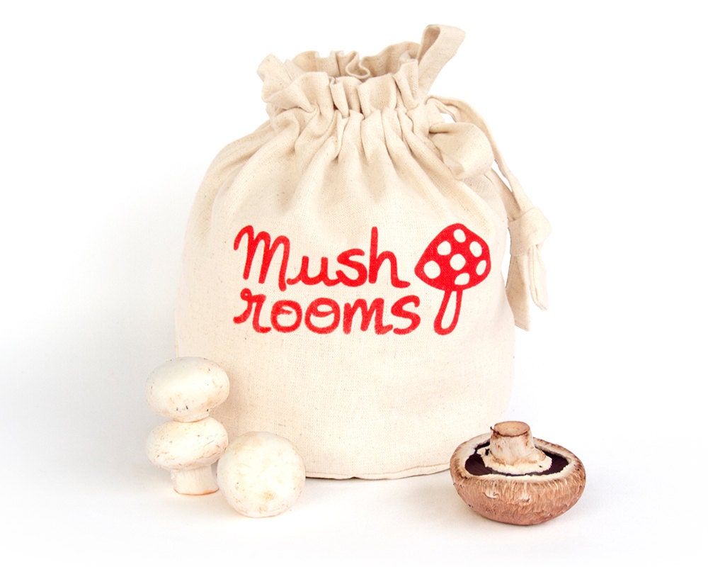 MUSHROOMS: Handmade reusable eco friendly fresh produce storage bag. Hemp organic cotton canvas tote. Original art design. Small Size 2.