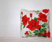 Red Roses Floral Up-cycled Vintage Pillow Cover 12 in x 12 in - junebeam