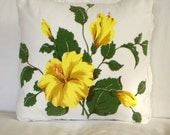 Yellow Floral Hibiscus Up-cycled Vintage Pillow Cover 12 inch - junebeam
