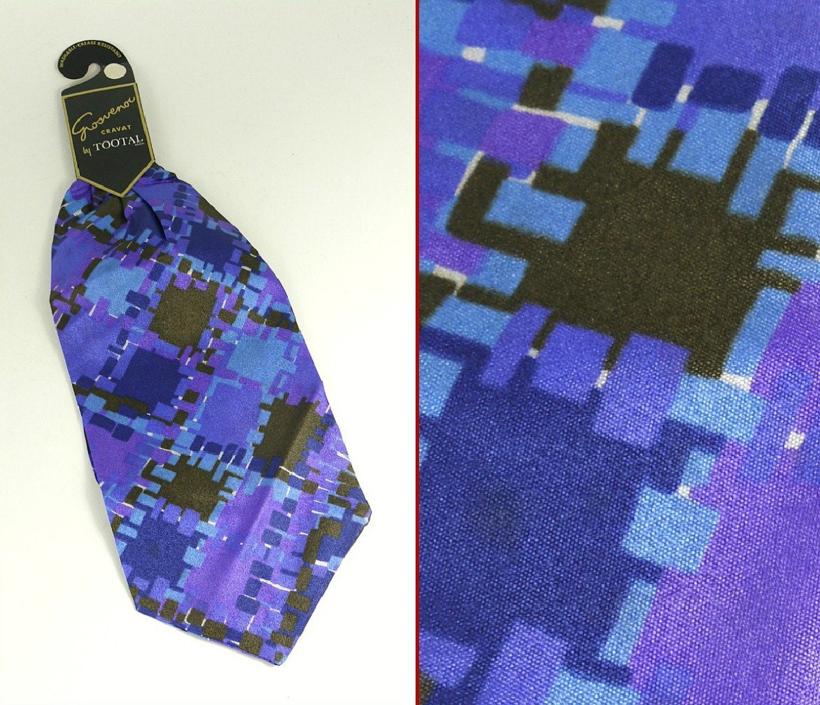 Vintage 60s 70s Mod Blue and Purple Geometric Print 'Tootal' Dandy Ascot Cravat - NOS