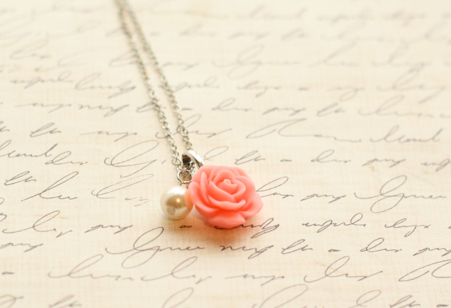 Coral Rose Necklace - Bridesmaid Necklace - Coral Flowergirl Necklace - Coral Wedding - Vintage Wedding - Coral Rose Necklace