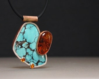Turquoise and Amber Copper and Silver Necklace
