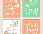 SALE Kids Wall Art Orange and Green Nursery Decor Prints You Are My Sunshine Elephant and leaf - 8x10 - baby shower gift, for boy or girl
