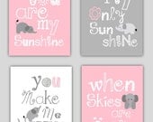 SALE Elephant Art, You are my sunshine Pink and Gray Art Prints, 4-8x10 prints, Matches Boy or Girl Nursery, nursery, or playroom