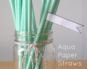 25 Aqua Straws, Striped Paper Straws, Party Straws, Wedding Straws