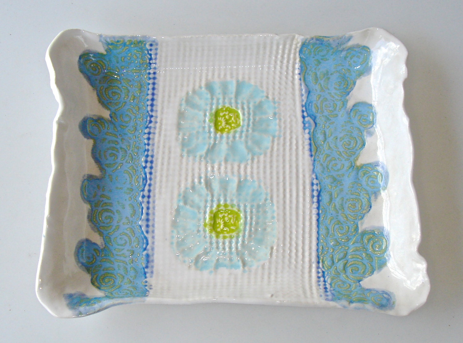 Ceramic Serving tray, sushi tray, turquoise blue and white flowers and lace