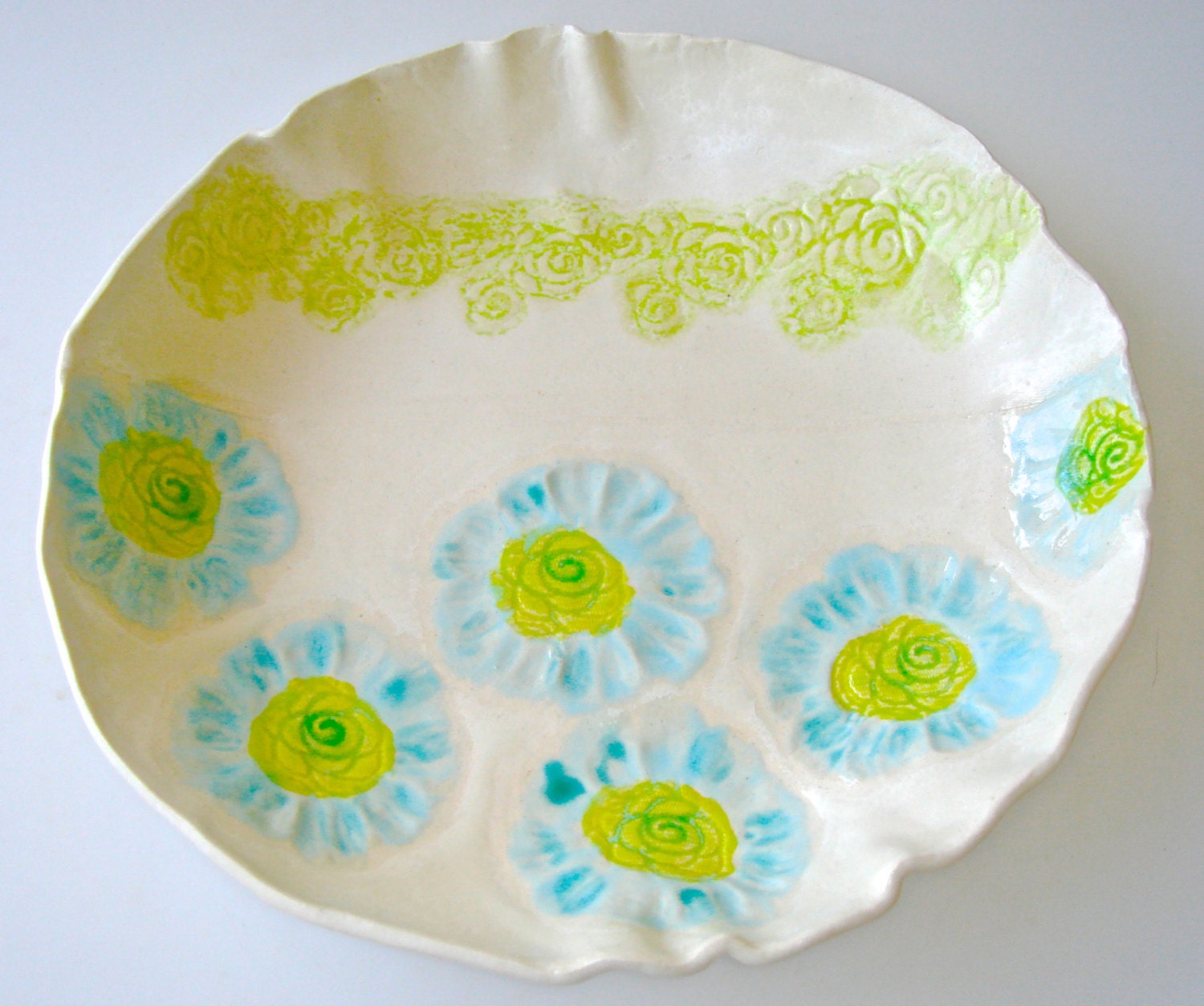 Serving Dish, hand painted bowl, turquoise chartreuse flowers, lace bowl, wedding gift idea