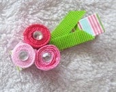 Pink Mini Ribbon Wrapped Flower Blooms Clip with Green Stems and Acrylic Gem Center