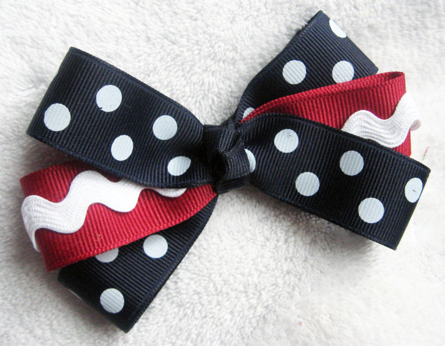 July 4th Red White Blue Pinwheel Bow with Polka Dots and Ric Rac