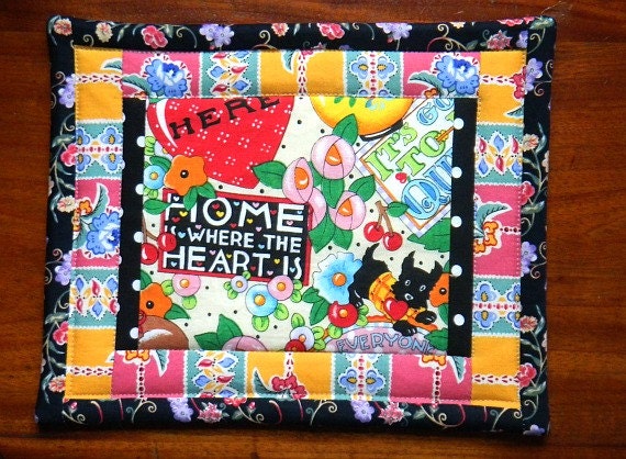 Mary Engelbreit quilted mug rug, snack mat, desk accessory, table desk quilt.