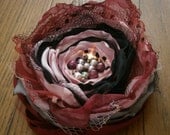 Big fabric flower brooch in black, red and pink with crystals and pearls Floral brooch pin