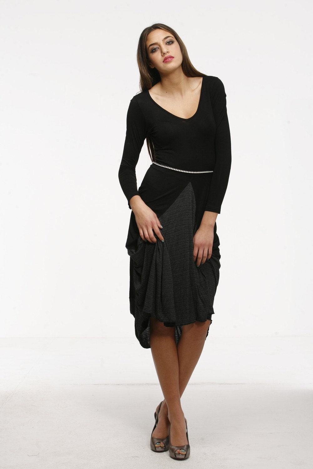 Black Dress, Cotton Lycra Dress, Long Sleeves Dress, Black Robe, Any Sizes, Knee Length - Special Sale