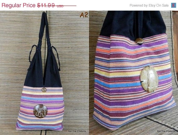 ON SALE Elephant Shoulder Bag Purse - Handwoven IKAT Cotton Hippie Hobo Carved Coconut Shell A2