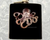 Steampunk Flask Oxidized Octopus Embellished on Hand Painted Black Kraken Mixed Metals Stainless Steel