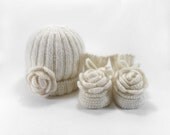 Knitted Baby Hat and Booties - White, 3 - 6 month