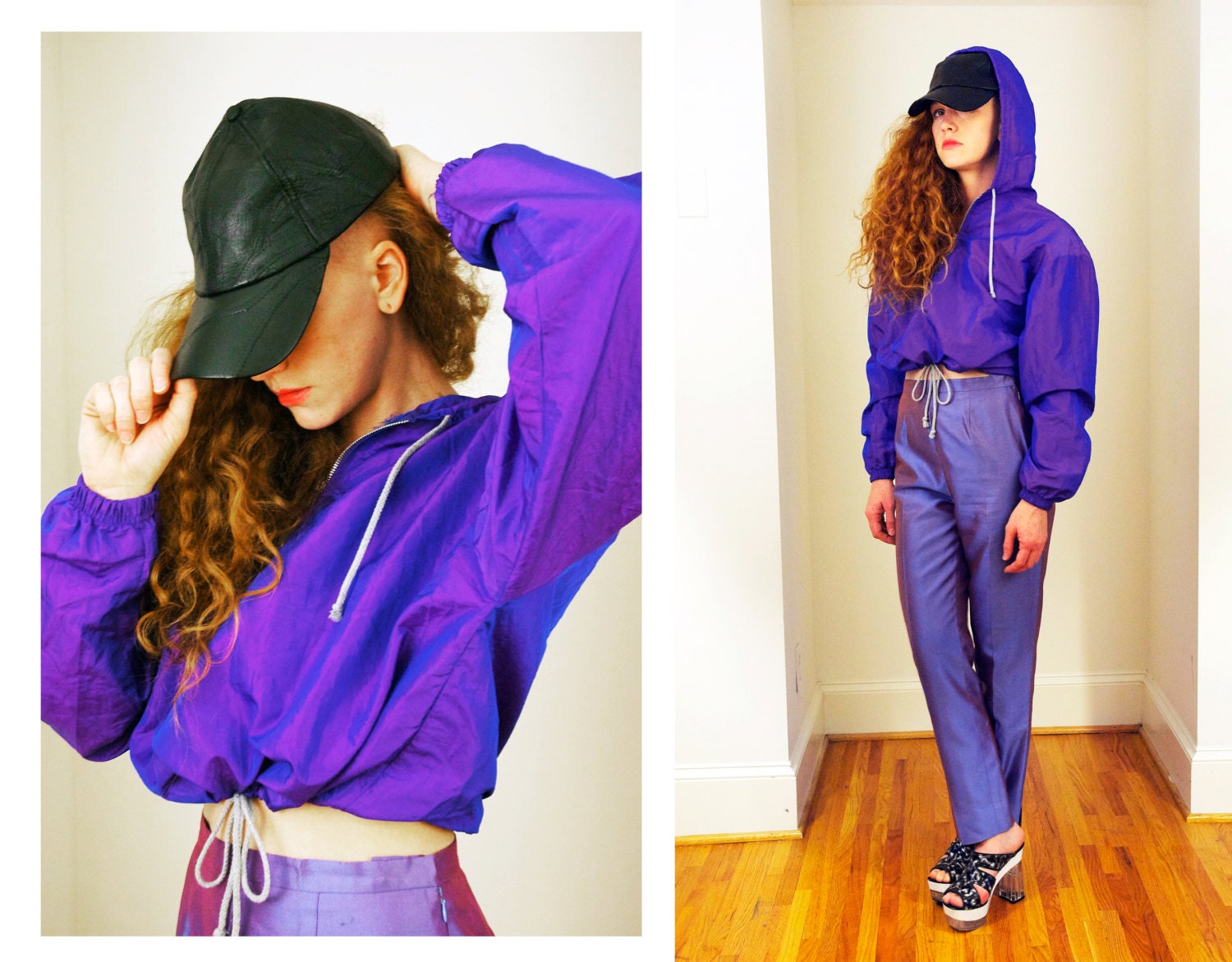 Vtg 90s Purple Iridescent Hooded Windbreaker Jackers S/M