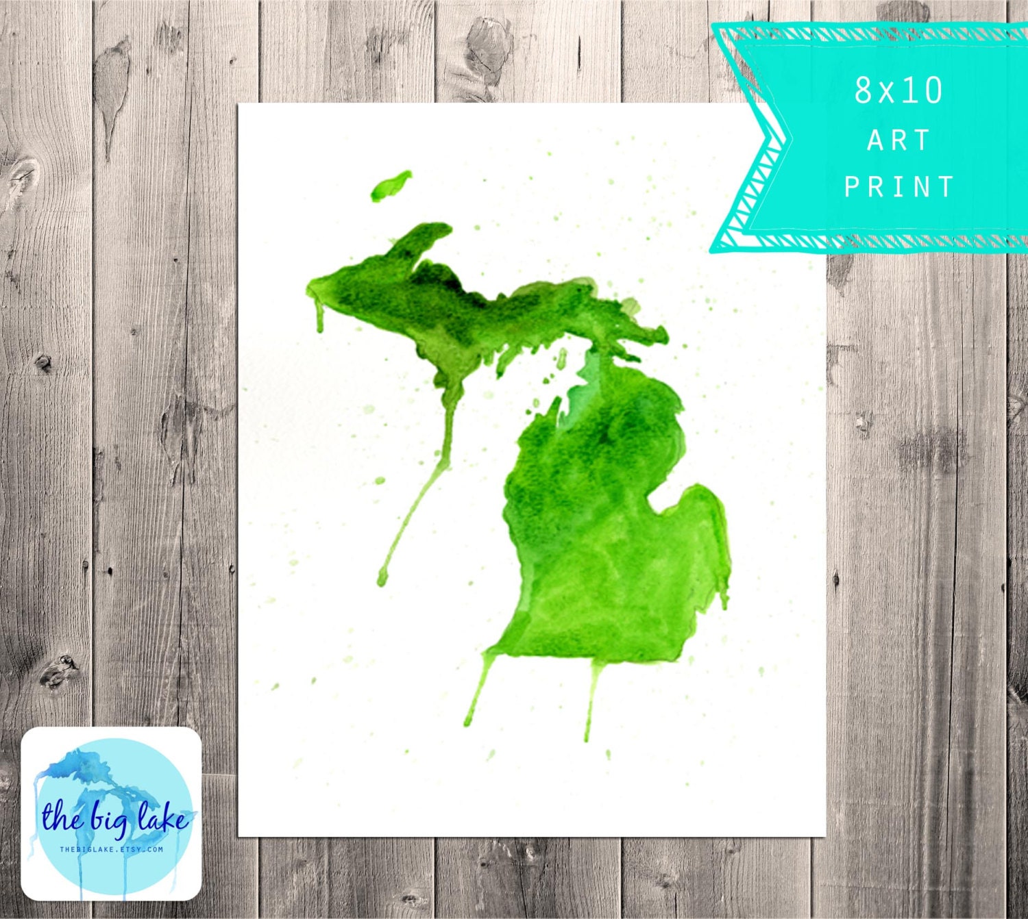 Great Lakes State Print - Watercolor Map - Michigan - For the Home - Green - Nesting - Custom - Giclee