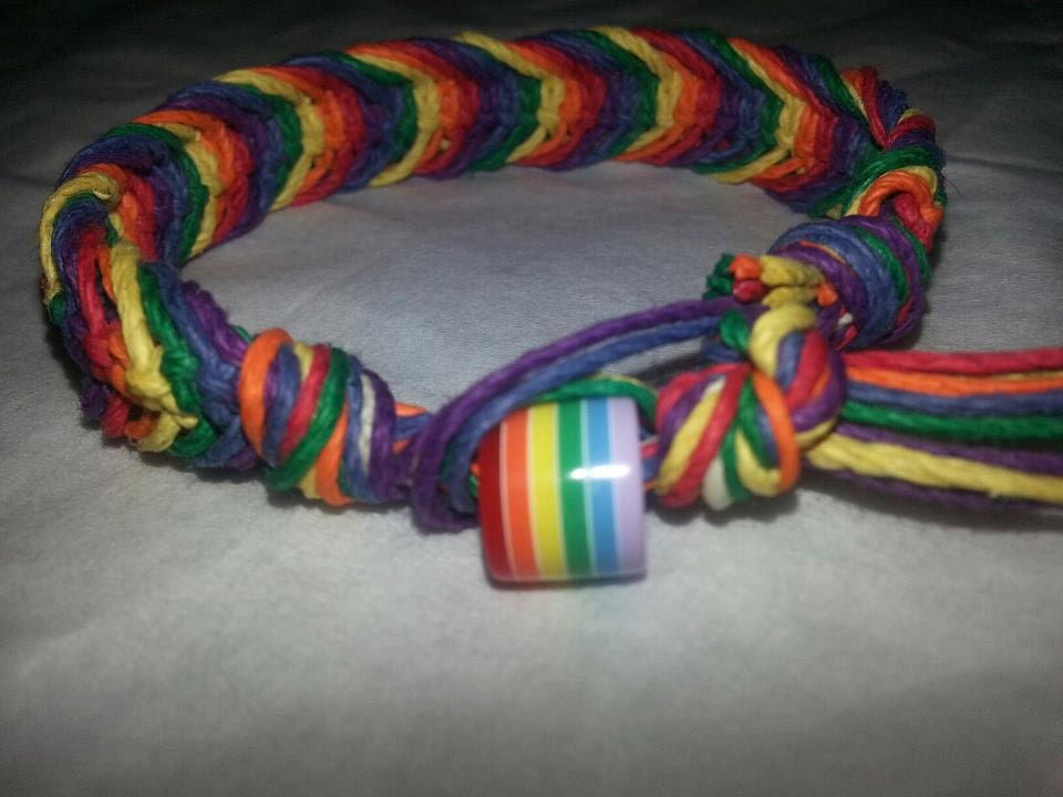 Hemp Jewelry Bracelet  Rainbow Fishbone knot with Rainbow Bead closure