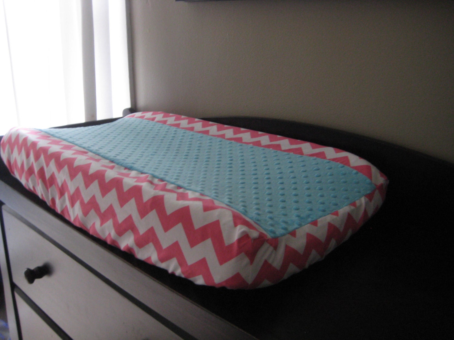 Changing Pad Cover with Minky Center - Pink Chevron with Turquoise Minky