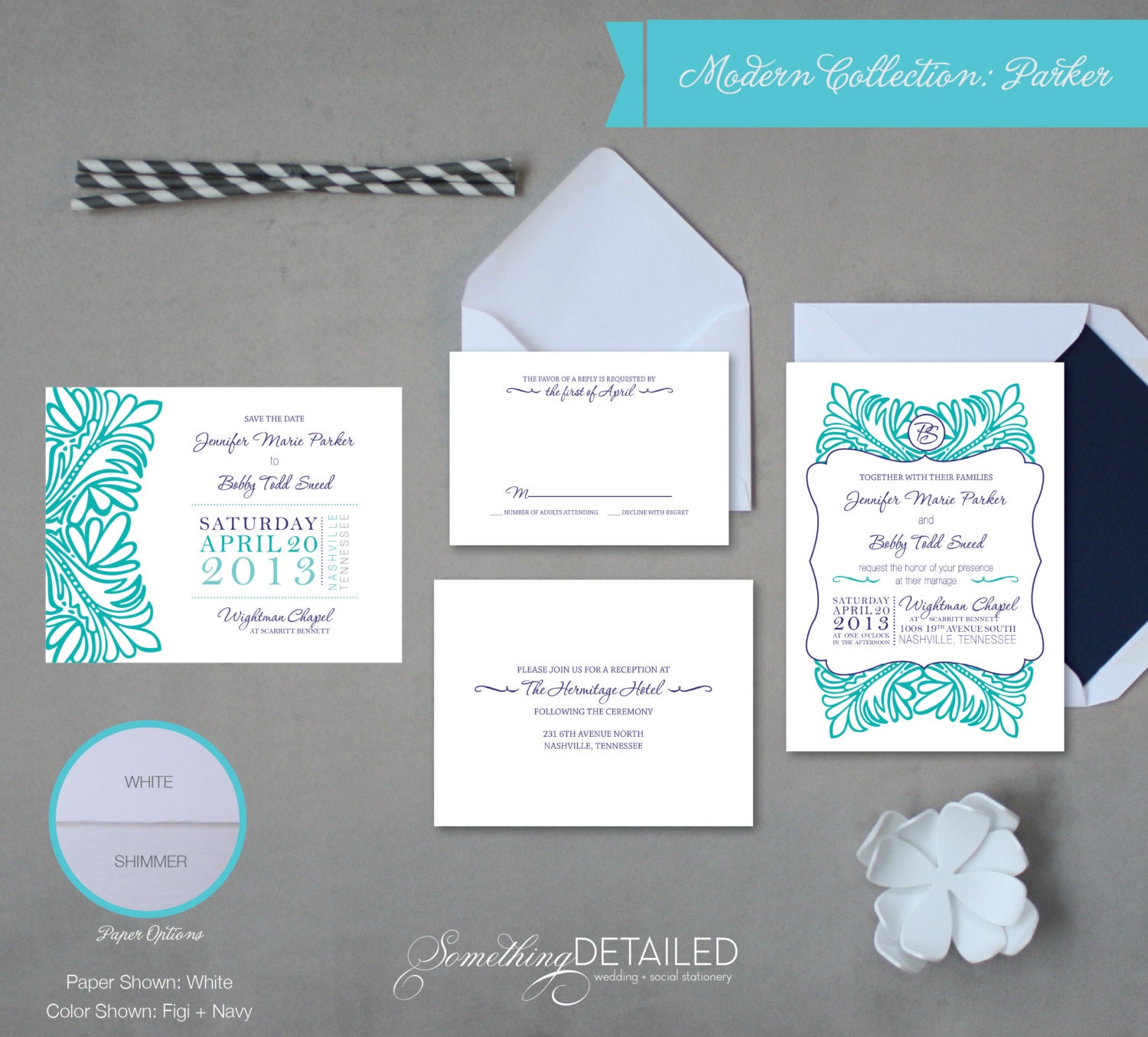 PARKER: Vintage Preppy Wedding Invitation Suite with Modern Floral and Monogram