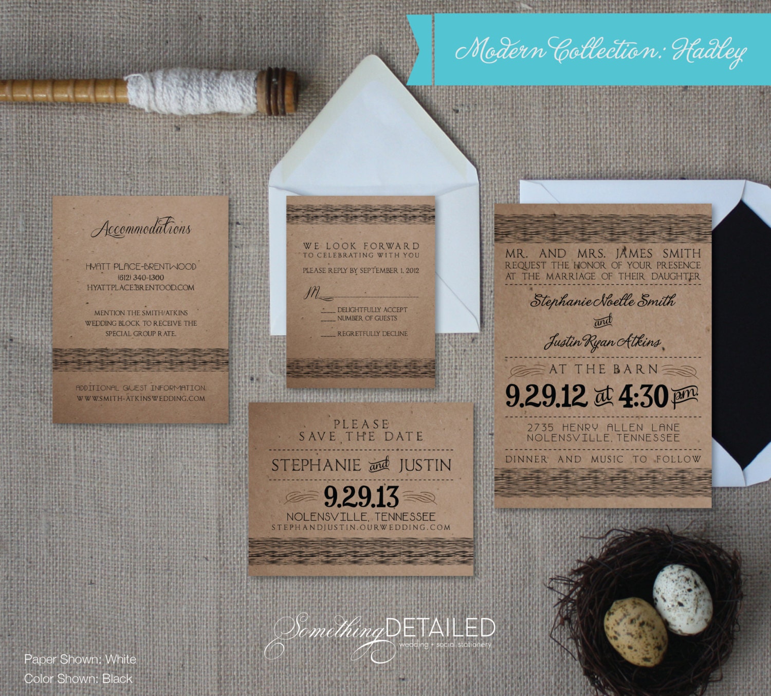 SAMPLE - Rustic Vintage Typography Wedding Invitation Suite on Kraft Paper