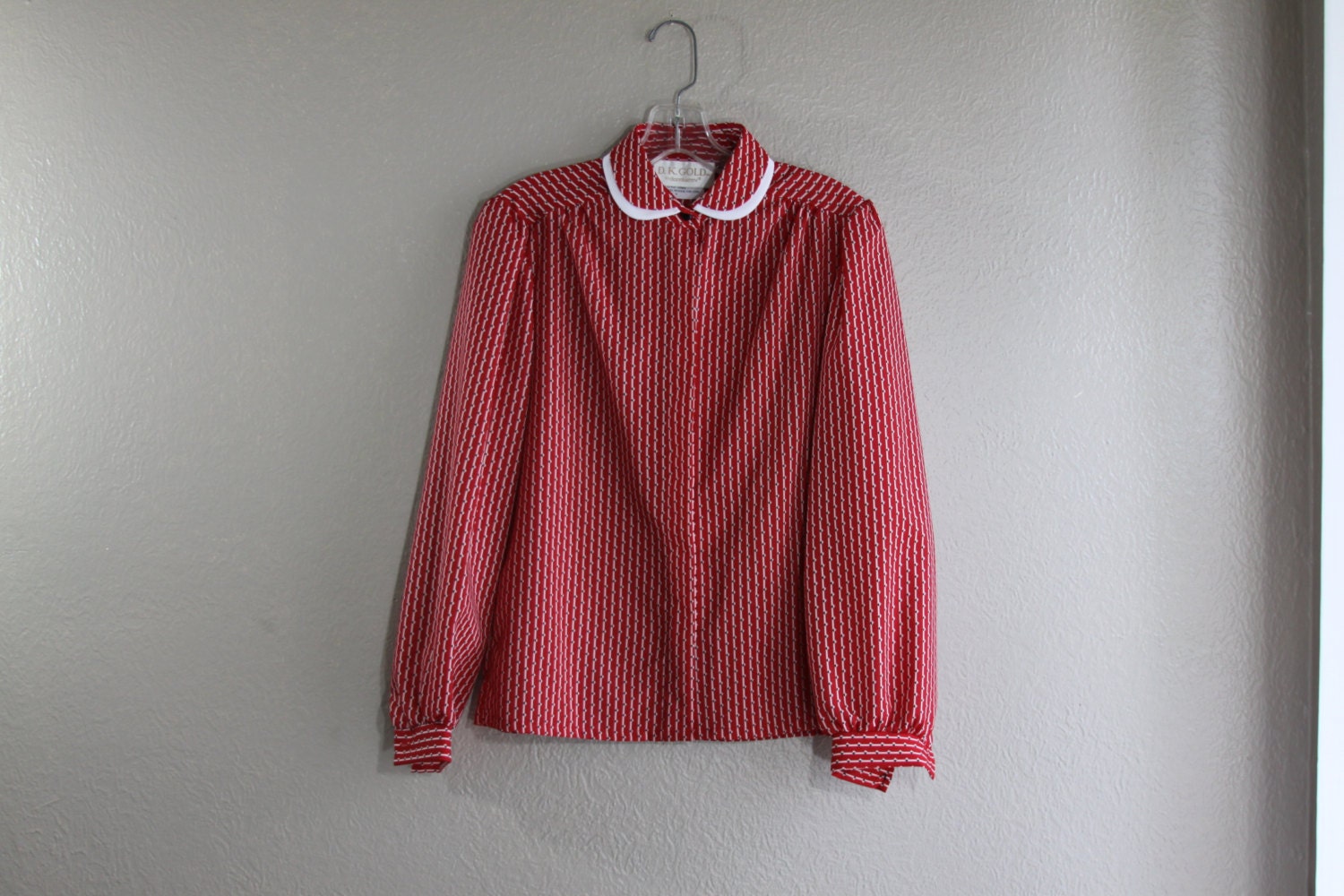 Vintage red blouse with Peter Pan collar and black and white stripes and diamond print
