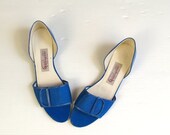 SALE vtg 80s leather ELECTRIC BLUE peep toe Flats shoes 8 sandals indie skimmers