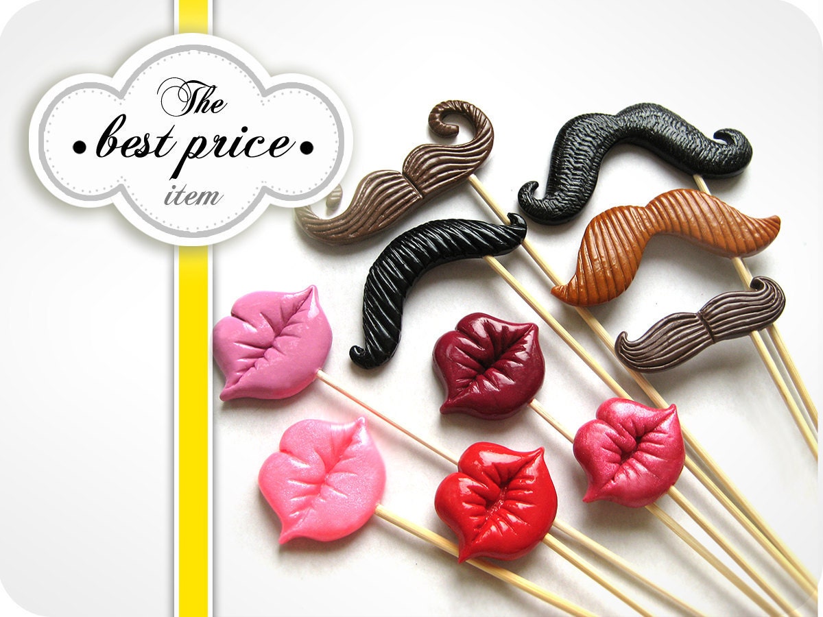 Photo Booth Props - Mustaches and lips on sticks - Set of 10