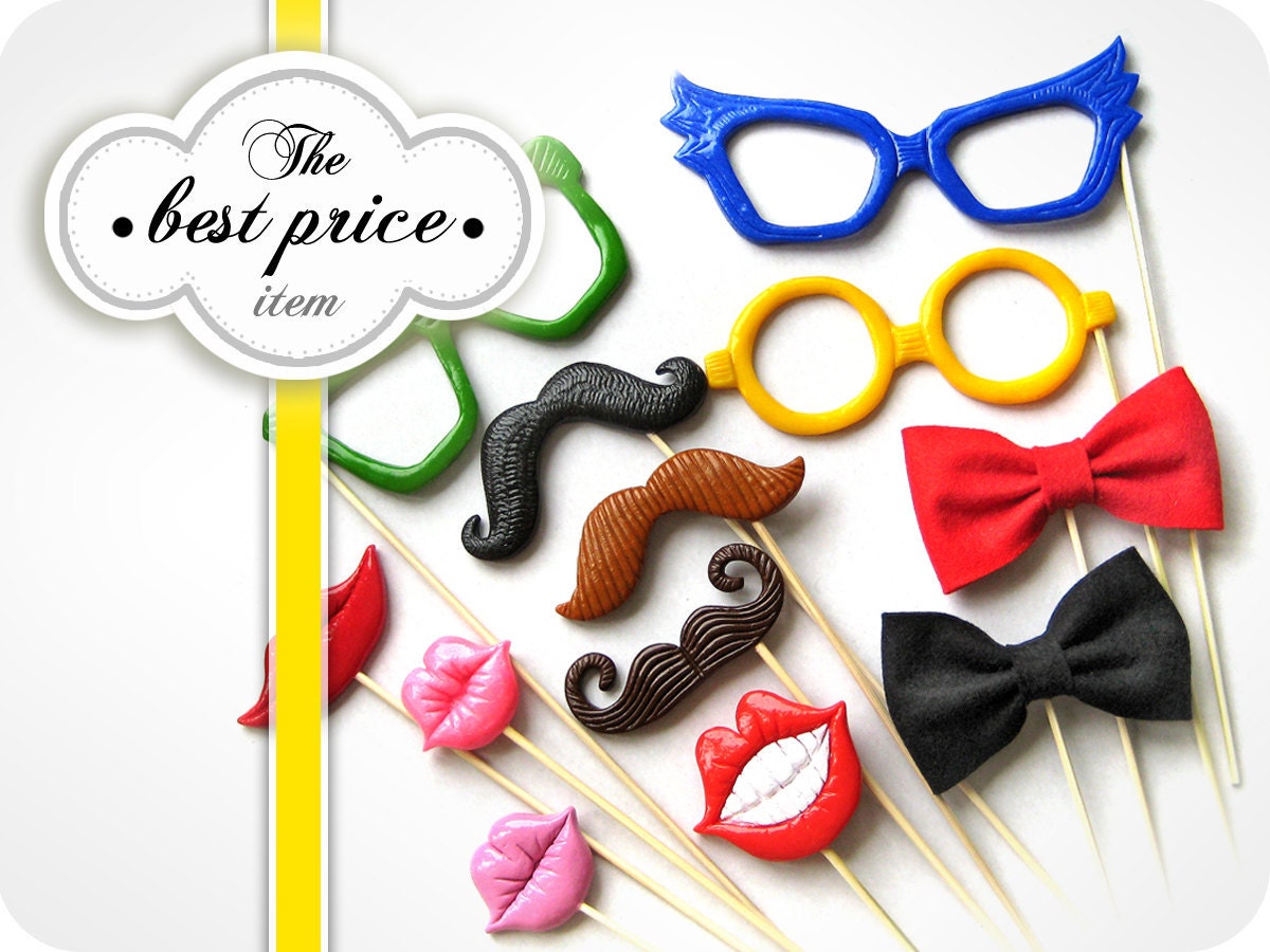 BEST Photo Booth Prop - 12 piece Party set - Photobooth Wedding Birthday Props -Mustaches, Lips, Glasses, pipe on sticks