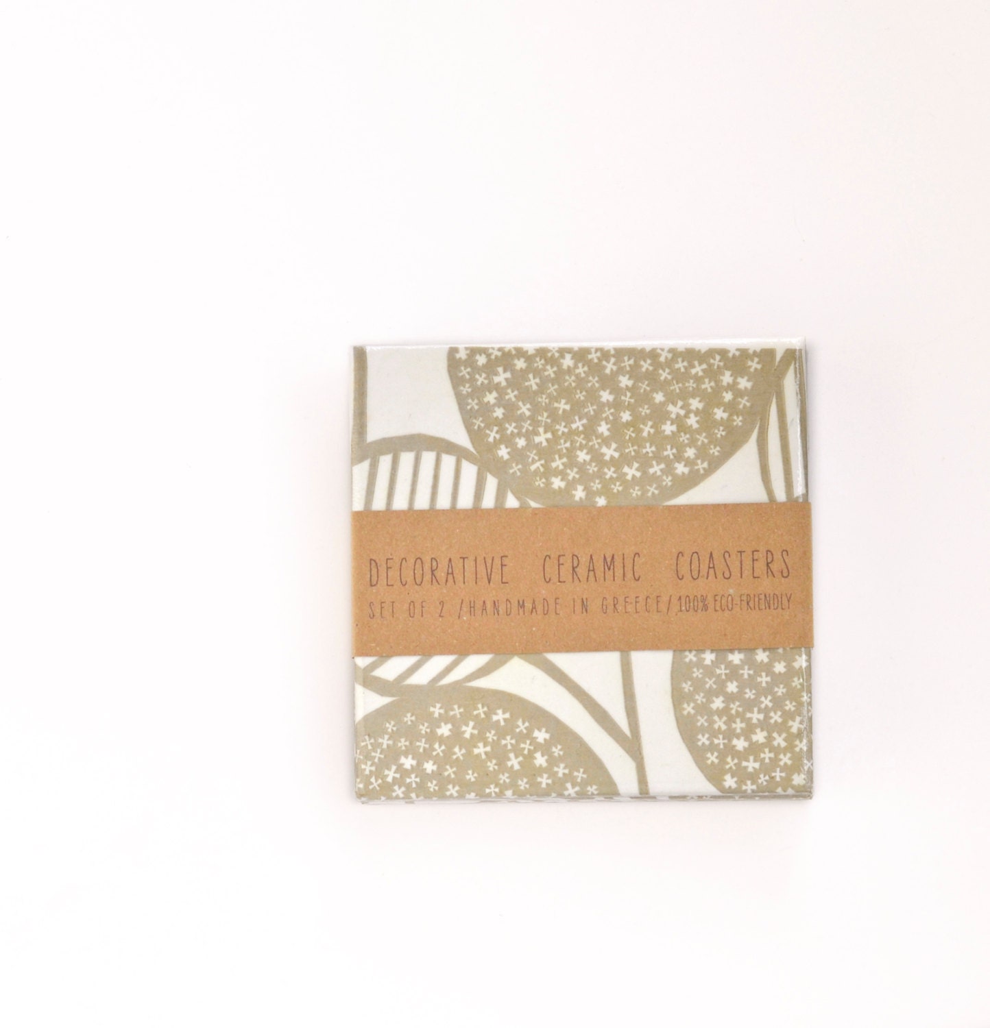Abstract Pattern Ceramic Coasters, Beige and White, set of 4