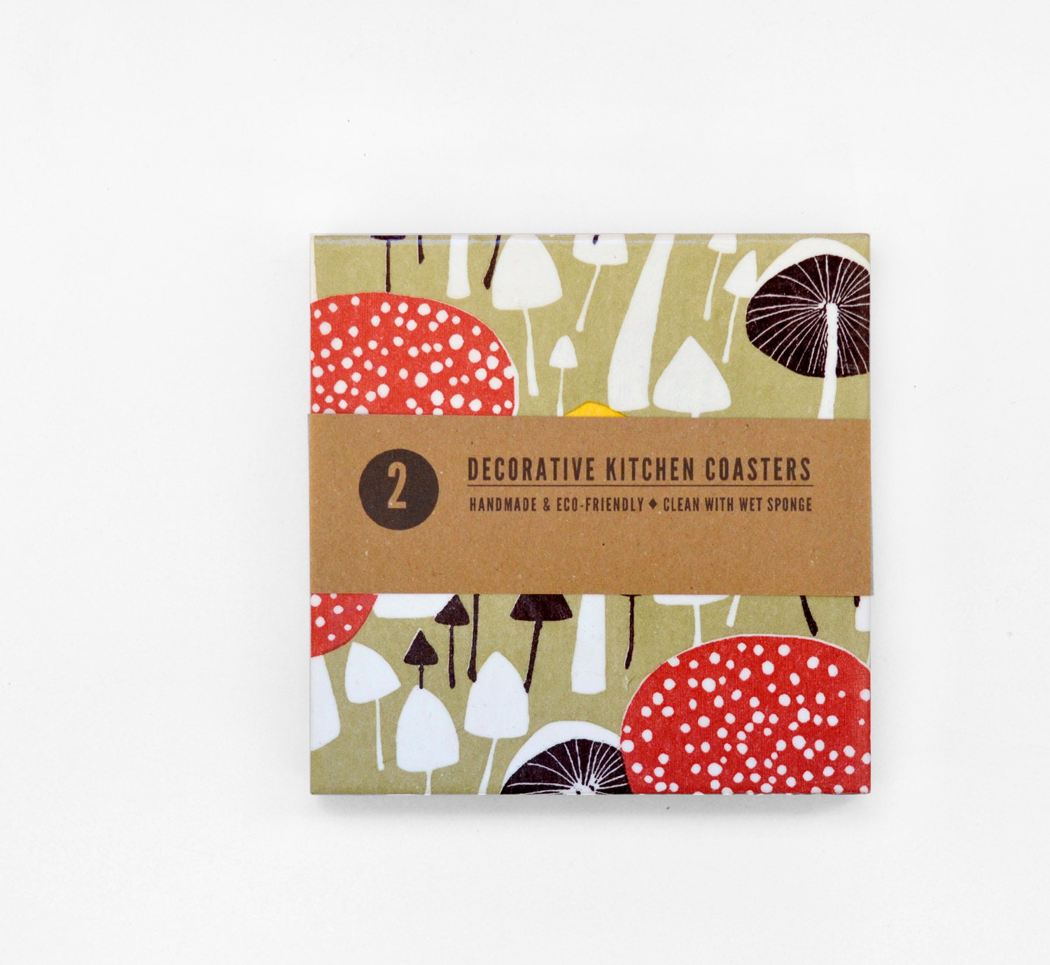 Coasters Big Size Kitchen Ceramic Tile Coasters Mushrooms Hostess Gift Mothers Day, set of 2