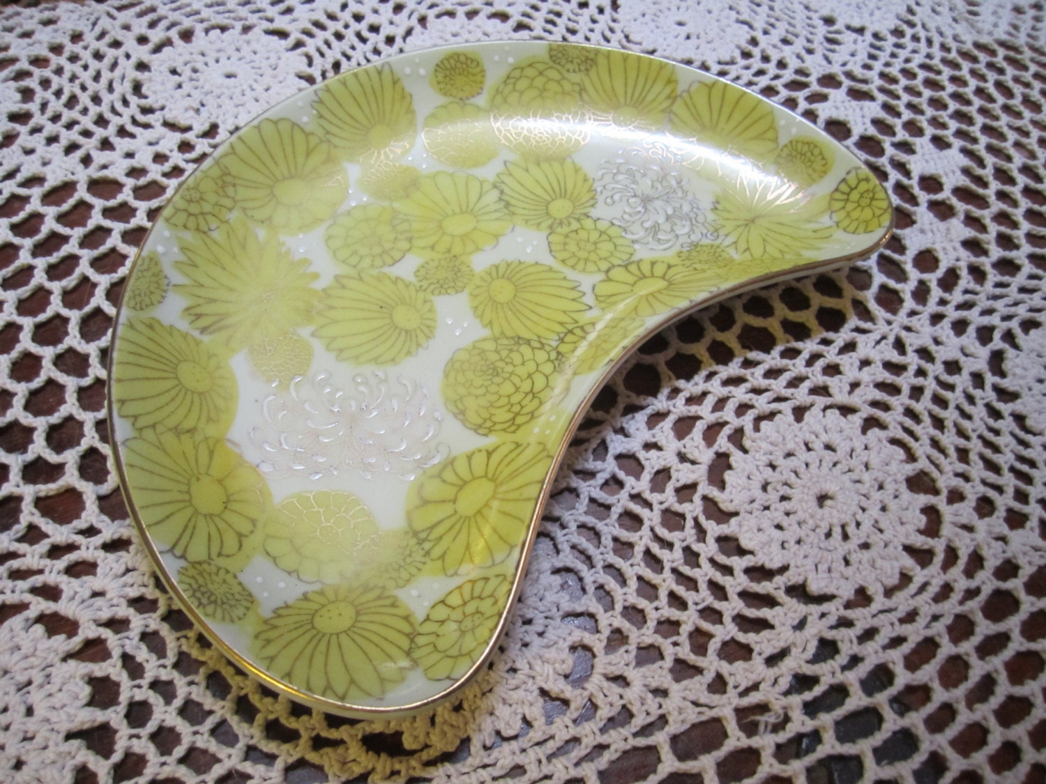 Yellow White and Gold Trinket Candy Dish Textured Half Moon Shape