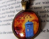 Steampunk Necklace (N162) - TARDIS under Glass Cabochon Pendant with Chain - Doctor Who Design