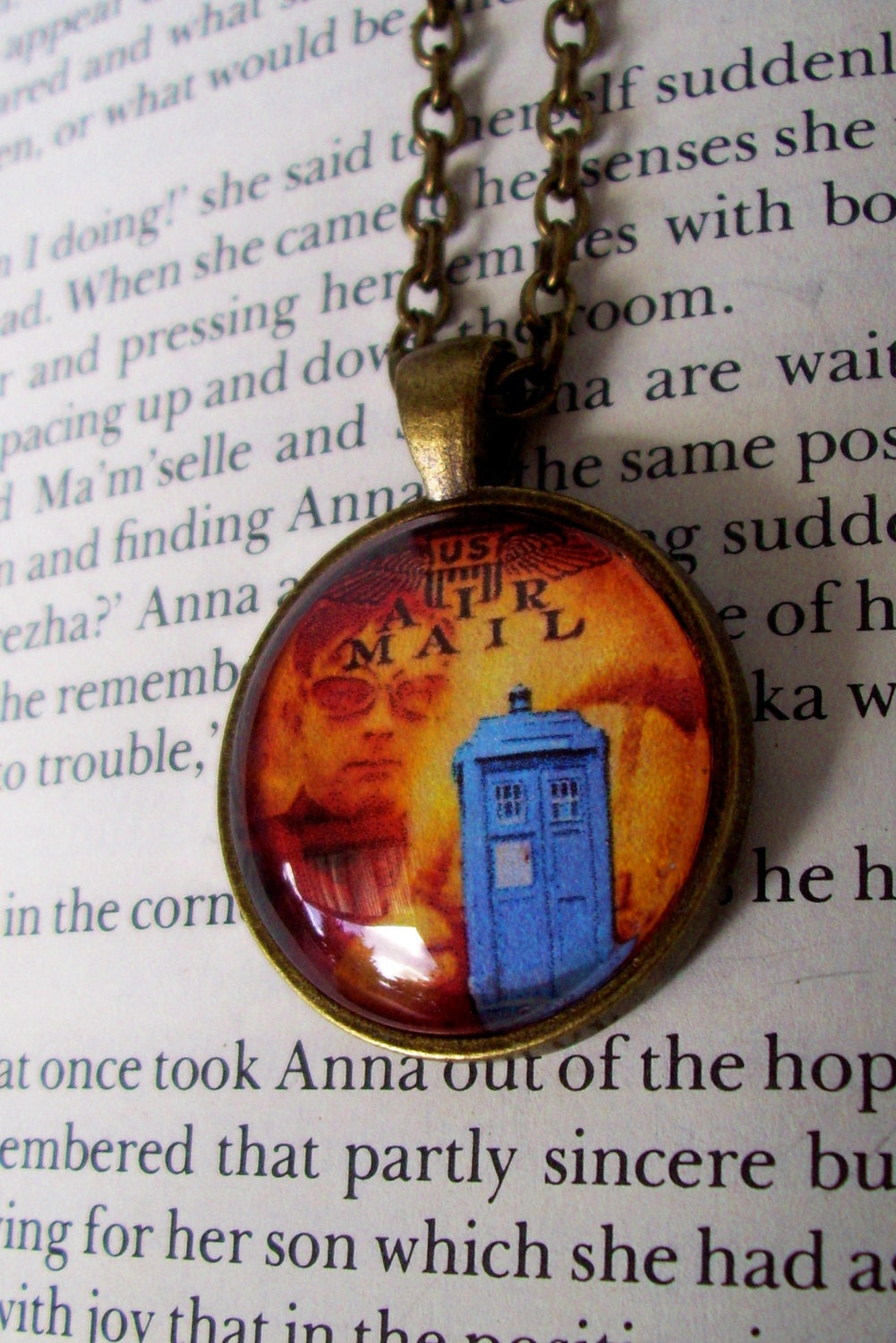 Steampunk Necklace (N162) - TARDIS under Glass Cabochon Pendant with Chain - Doctor Who Design