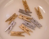 24 Painted Tiny Wooden Clothespins- Metallic Gold and Silver - Gift Tag or Escort card holder - Wedding Wish Tree Accessory