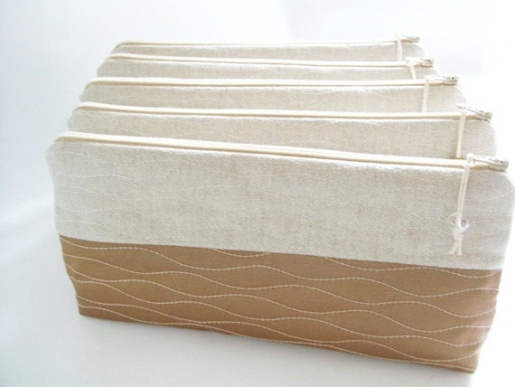 Set of 6 Wedding Bridesmaids Clutches Camel and Linen Cosmetic Bags Beach Wedding Gifts