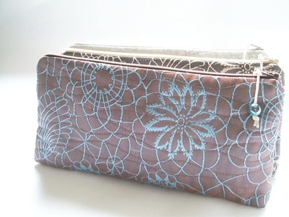 6 Wedding Clutches Bridesmaids Gift Idea Quilted Handmade Cosmetic Bags, Aqua blue flowers on Blast-off bronze