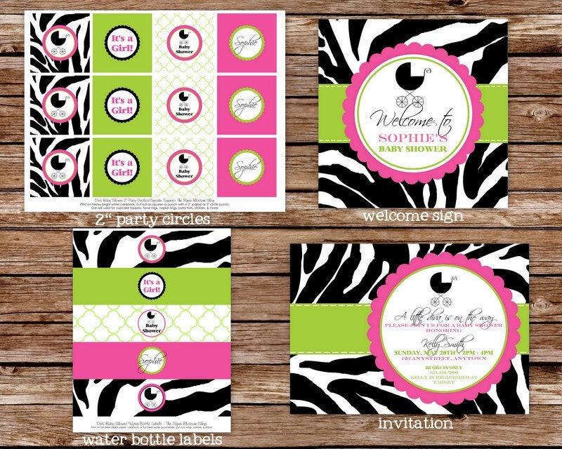 Custom Printable Hot Pink and Lime Green Zebra Diva Baby Shower Party Package Il_570xn
