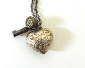 Silver Puffed Heart Necklace, Silver Heart, Upcycled, Steampunk Necklace, Vintage Skeleton Key, Mixed Metals Necklace