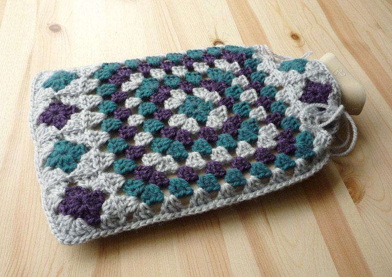 Hot Water Bottle Cover, Pale Blue, Purple and Teal Handmade Crochet Granny Square Hot Water Bottle Cozy, Bedroom Accessory