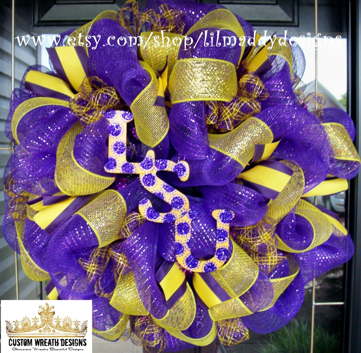 New Purple Deco Mesh LSU Wreath with glitter letters
