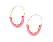 Temple Earrings in Neon Pink - Tribal-inspired modern hoop earrings with recycled African vinyl and raw brass