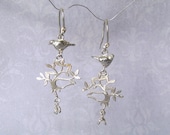 Silver Love Dove Spring Earings Bird Tree Pearl
