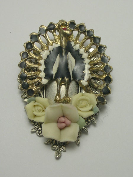 Recycled Peacock Brooch, upcycled, cluster, vintage, collage, eco friendly, handmade, ooak, one of a kind peacock pin