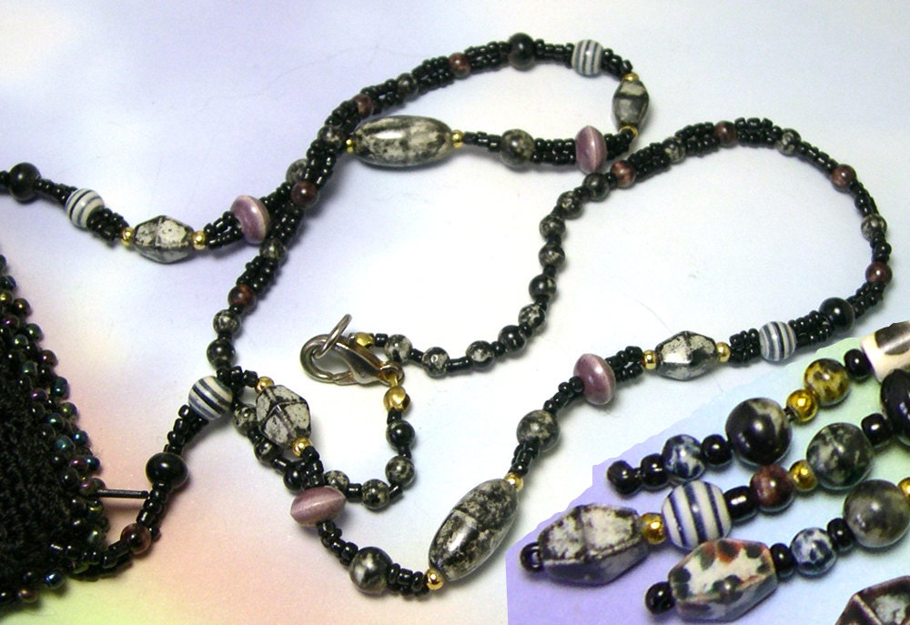 Upcycled Beaded Purse Necklace, beaded amulet bag, crocheted neck pouch. vintage beads, black, turquoise cabachon, black purse necklace