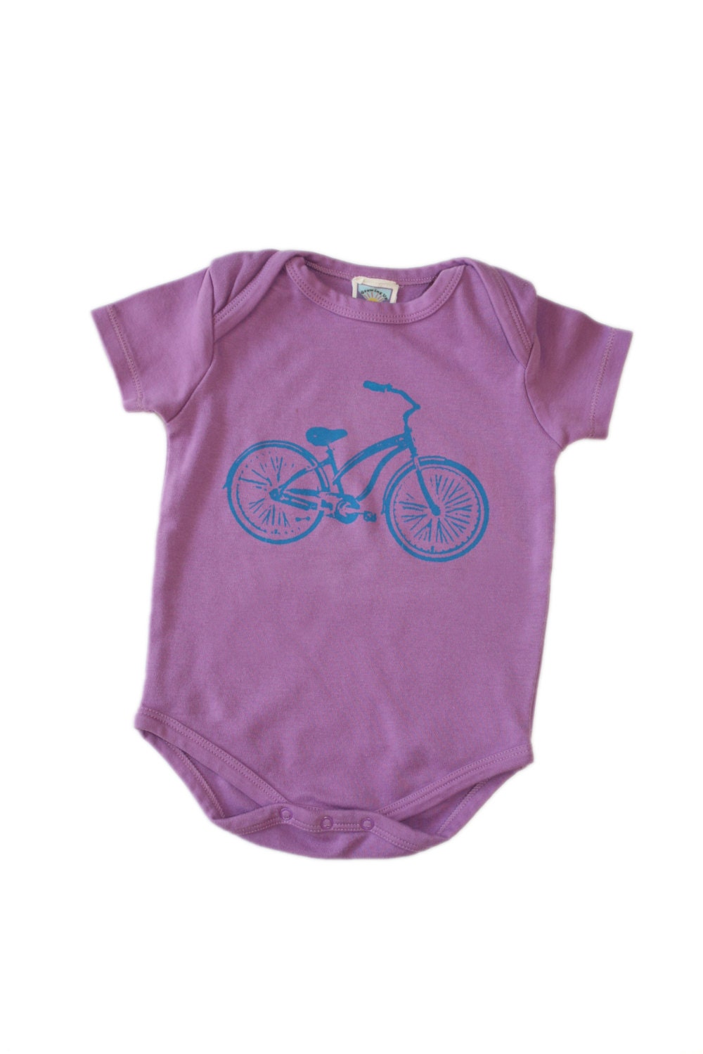 Purple Bicycle Baby Bodysuit- Petunia with Teal Bike Organic cotton 0 3 6 12 18 months short sleeves Eco Friendly Clothing