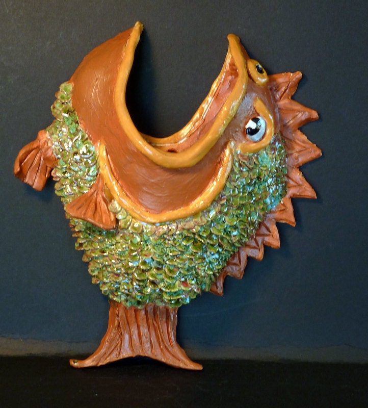 Something Fishy wall pocket, Handmade in USA from a lump of clay, fish wall hanging Vase. Large size.