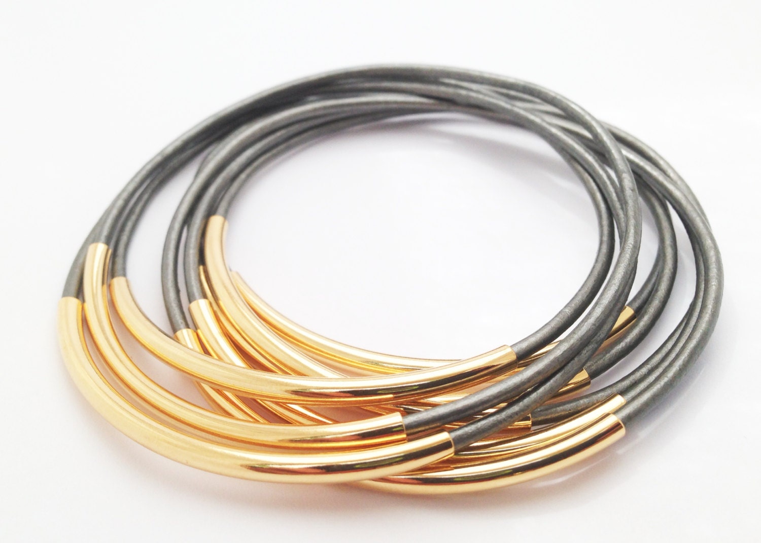 Metallic Grey  leather bangles with Silver or Gold Tube Beads, Leather bracelet