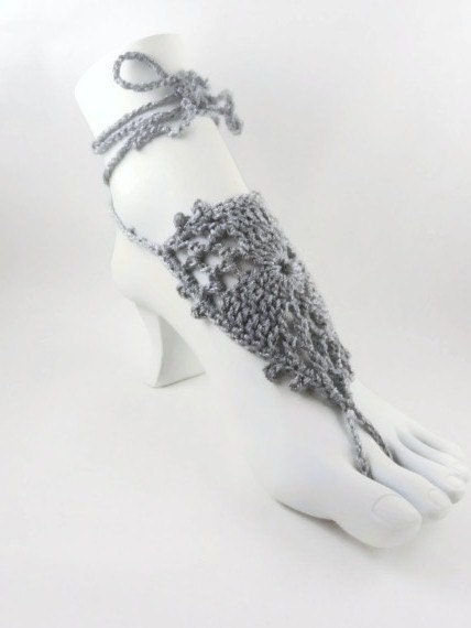 Barefoot Crochet Sandals, Gypsy Silver Lace Sandals, Crochet Sandals, Beach Anklet Yoga Thong