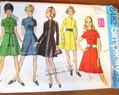 Mod Zip Front Dress A-line Skirt High Collar Belt Party Evening Cocktail Office Women's Vintage 1960s Simplicity Sewing Pattern 8462 Bust 38